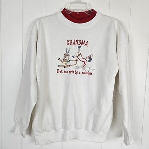 Vintage Christmas Sweatshirt Mockneck Embroidered "Grandma Got Ran Over" Large